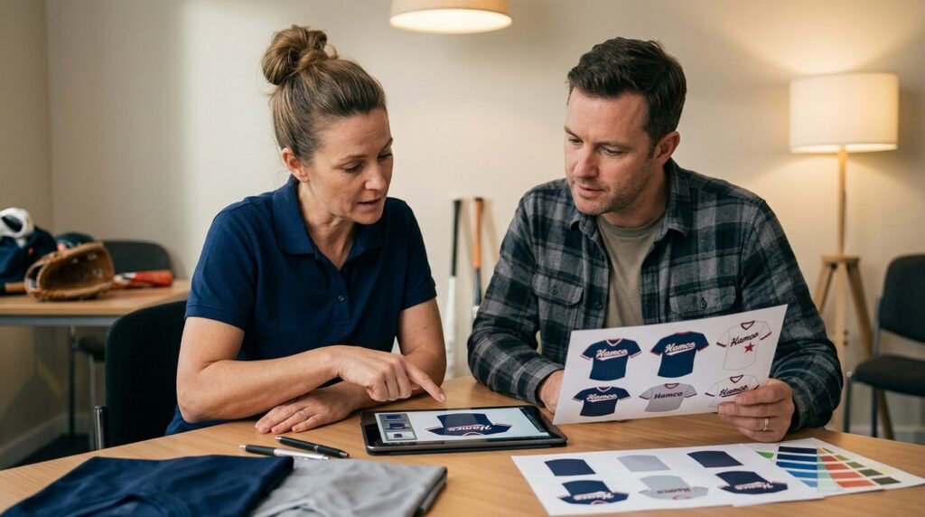 Coach and parent comparing custom softball uniform mockups before ordering