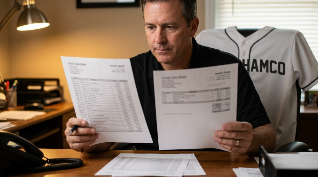 Coach comparing two baseball uniform vendor quotes with different line item fees