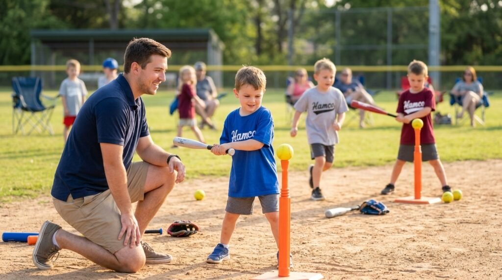Coach running a tee ball practice with young children hitting and moving