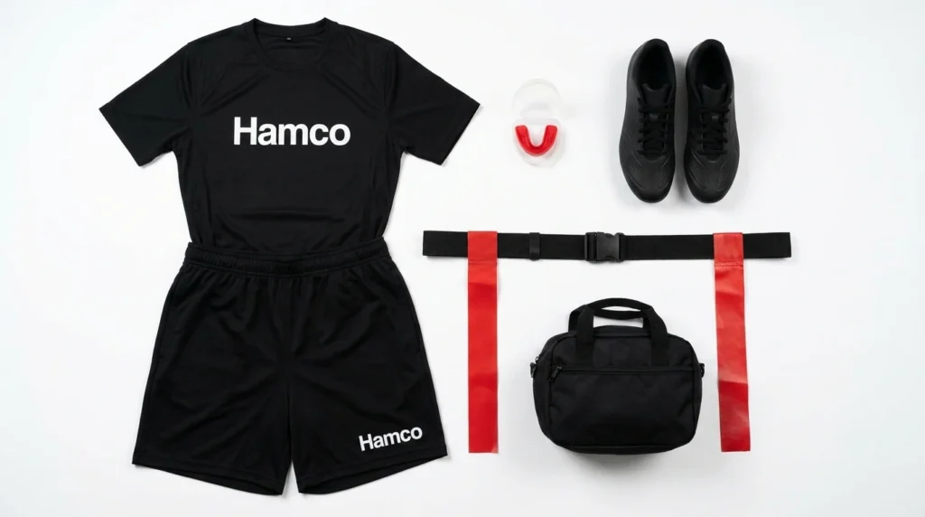 Complete flag football outfit laid out jersey, pocketless shorts, flag belt, mouthguard, and cleats
