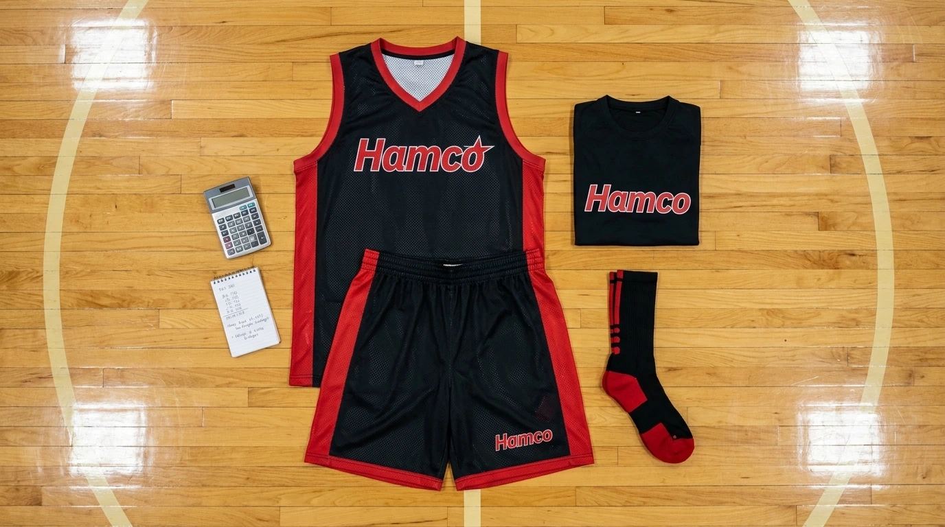 Custom basketball uniform laid out on a gym floor with a calculator for cost planning