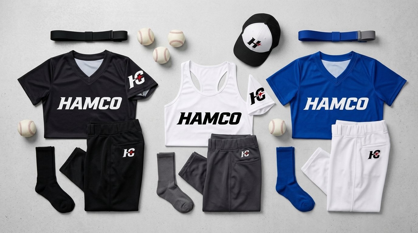 Custom fastpitch softball uniforms in several team colors laid out for comparison