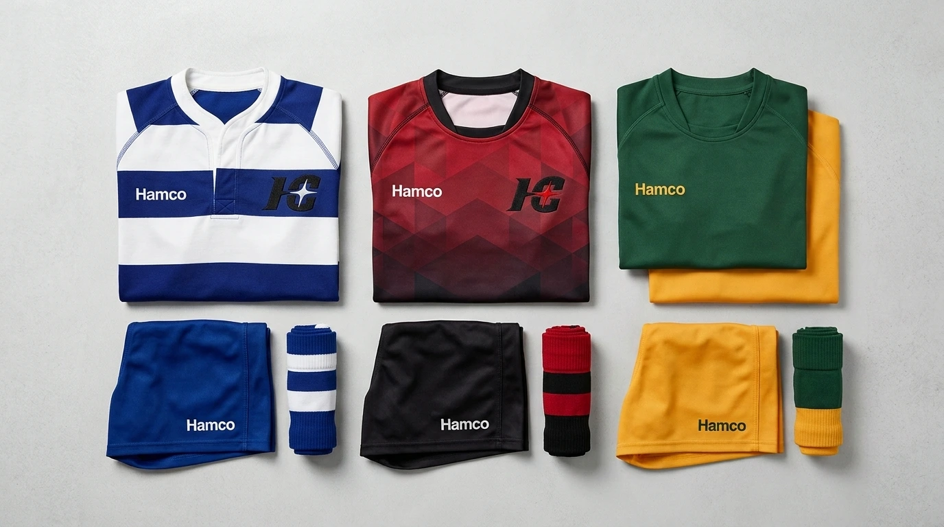 Custom rugby team kits in several colorways laid out for comparison