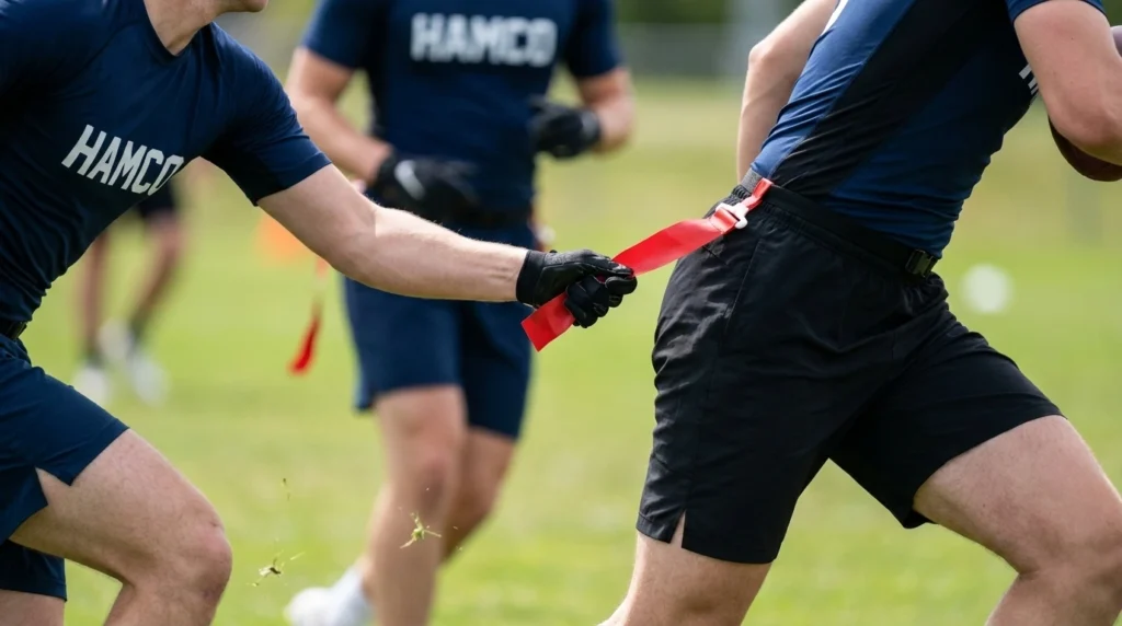 Defender pulling a contrasting flag from a belt beside pocketless flag football shorts