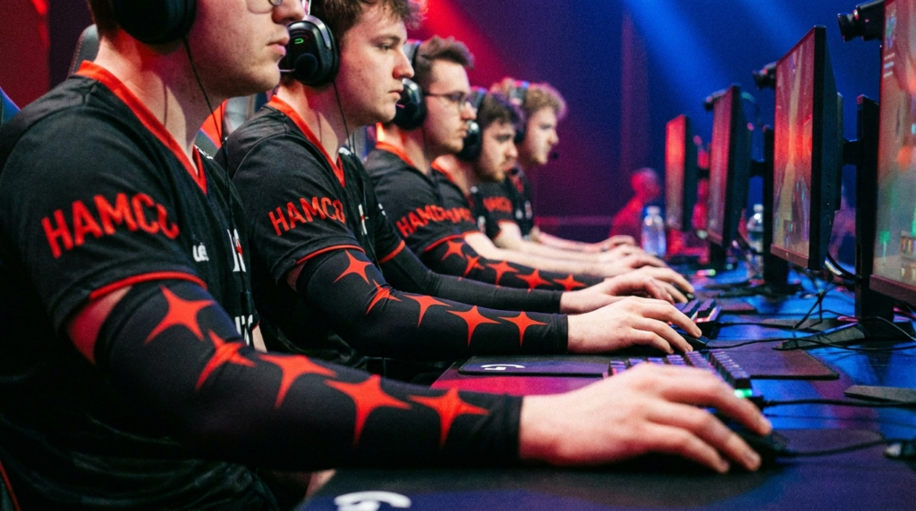 Esports team wearing matching custom gaming arm sleeves at a LAN event