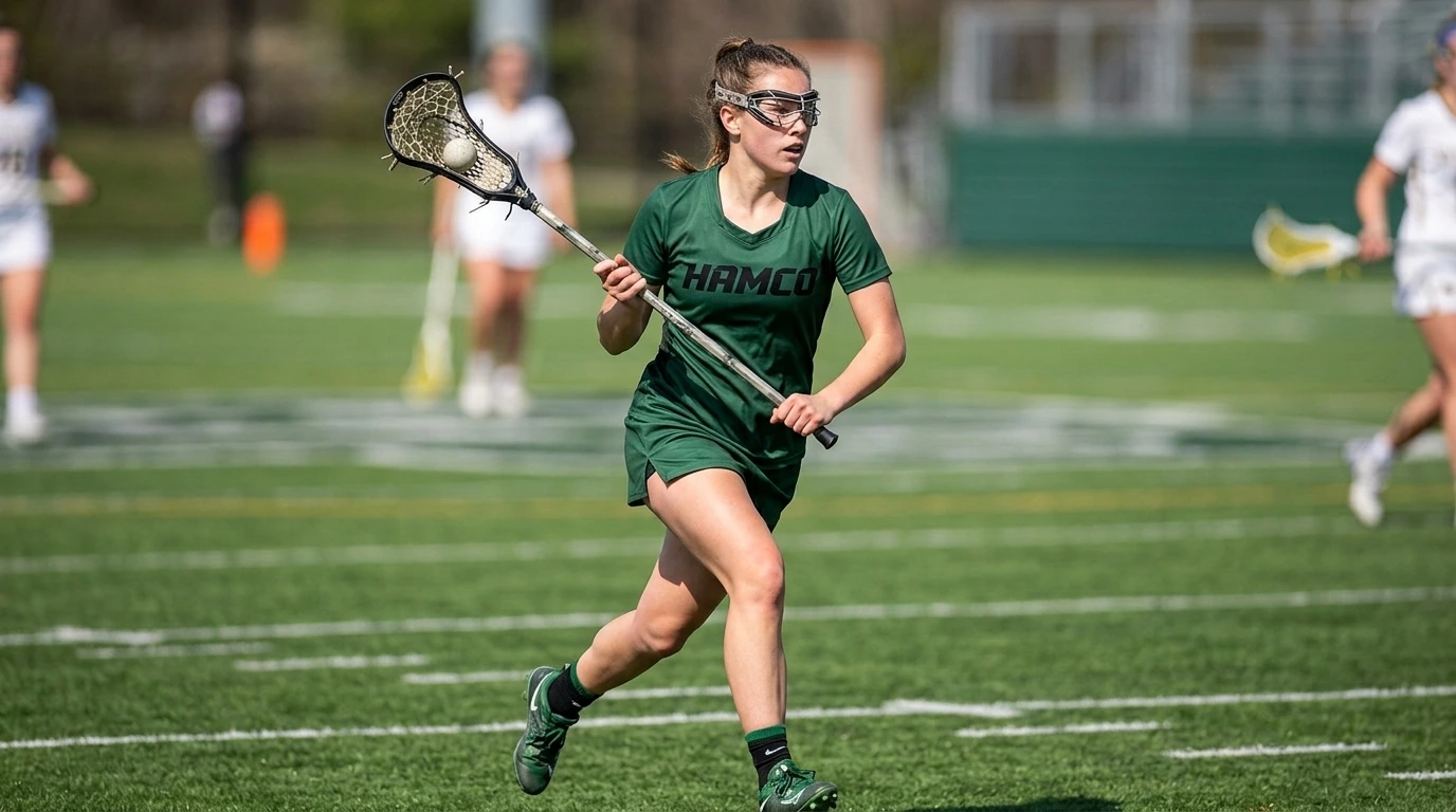 Girls lacrosse player in a womens cut jersey and skort wearing goggles