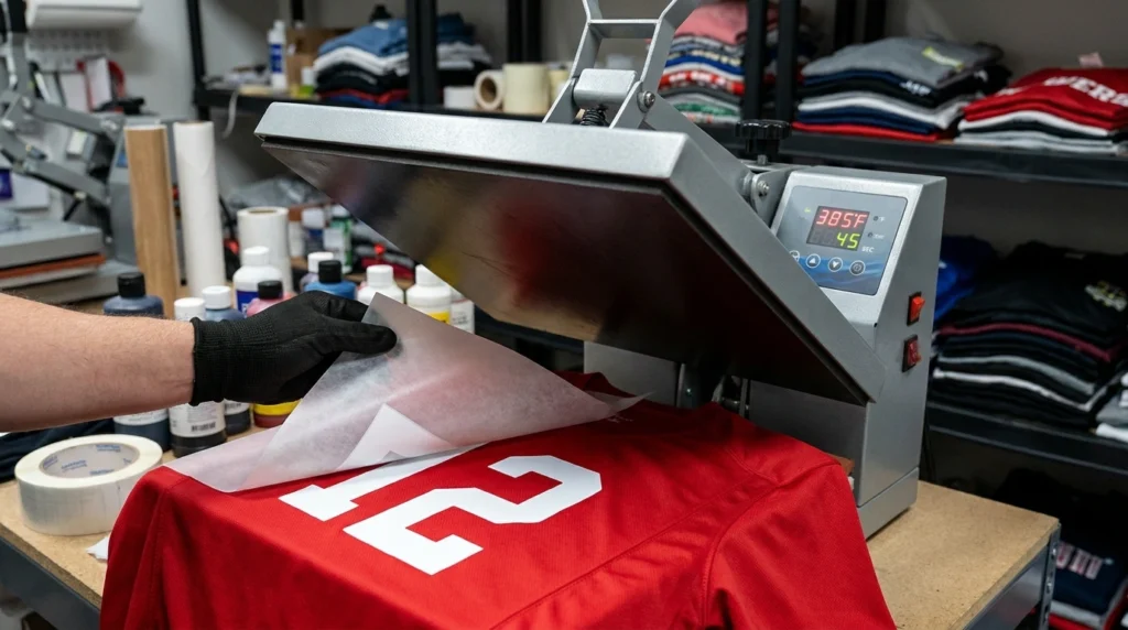 Heat press applying a sublimated number to a polyester team jersey