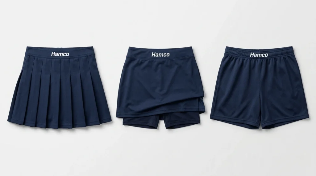 Kilt, skort, and shorts for womens lacrosse laid side by side for comparison