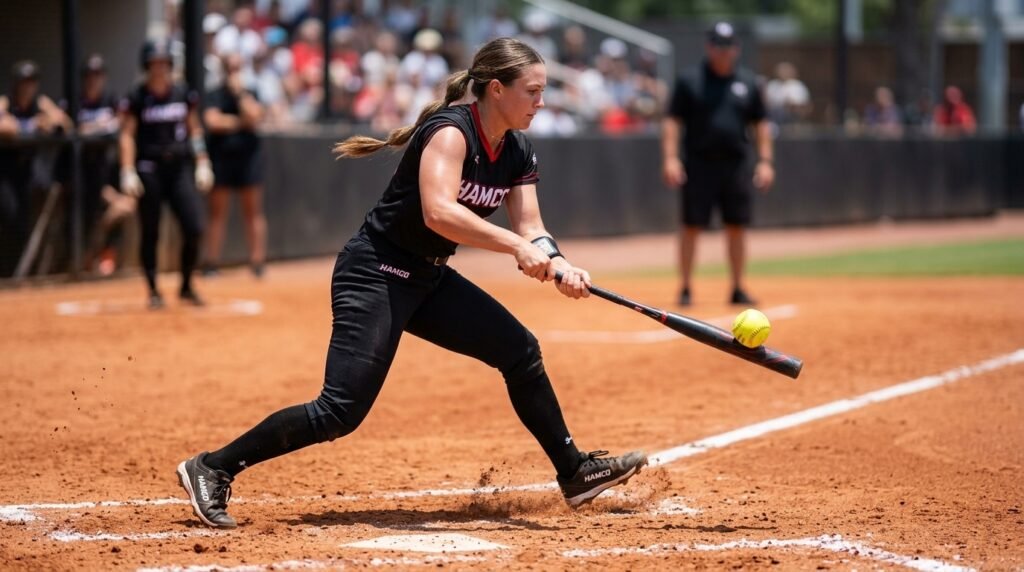 Left handed fastpitch hitter starting the running slap out of the batters box