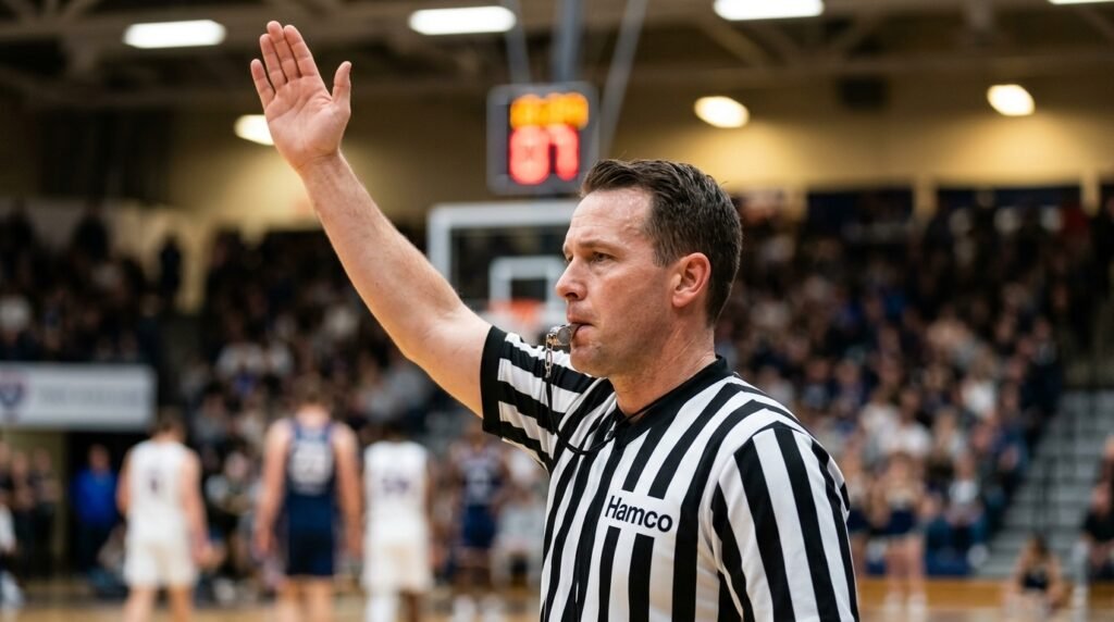 Referee signaling a stoppage that stops the basketball game clock
