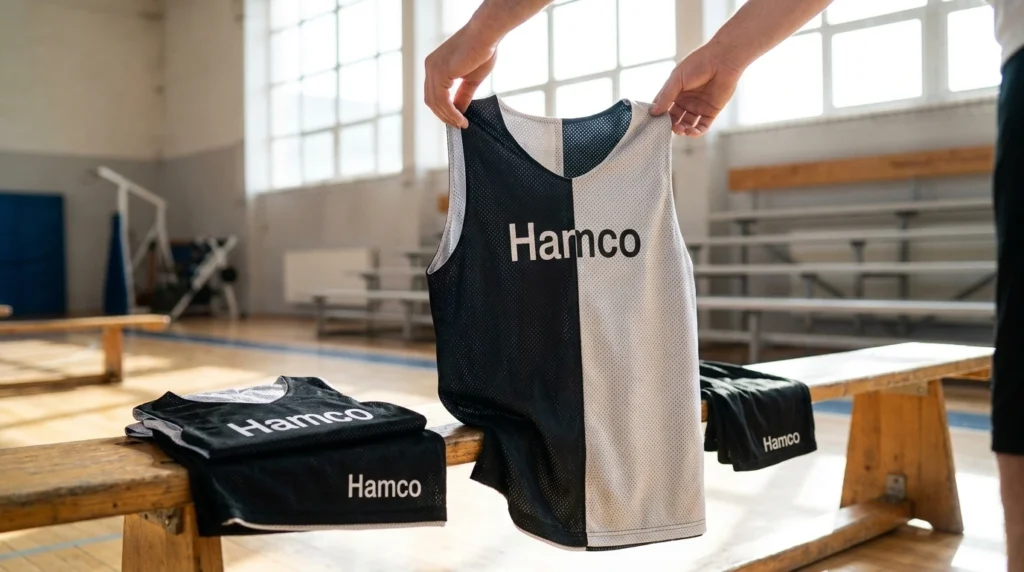 Reversible basketball jersey showing both sides next to a standard uniform set