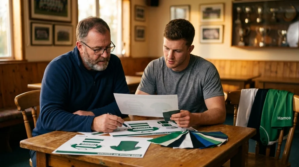 Rugby club manager and captain comparing custom kit mockups before ordering