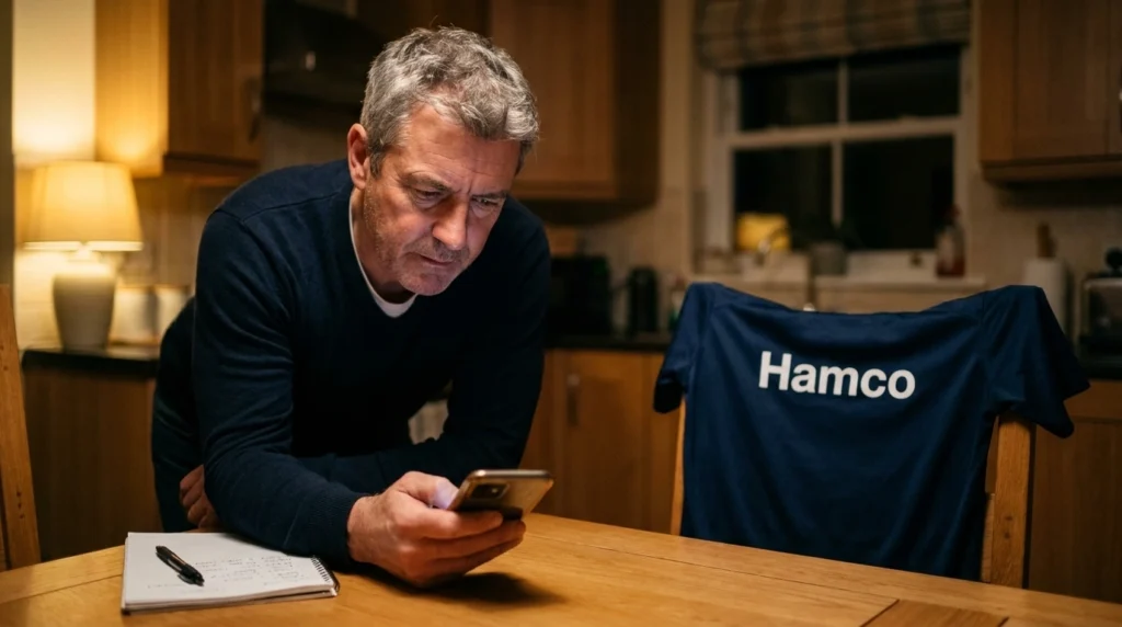 Team manager reading Wooter Apparel reviews on a phone before choosing a uniform company