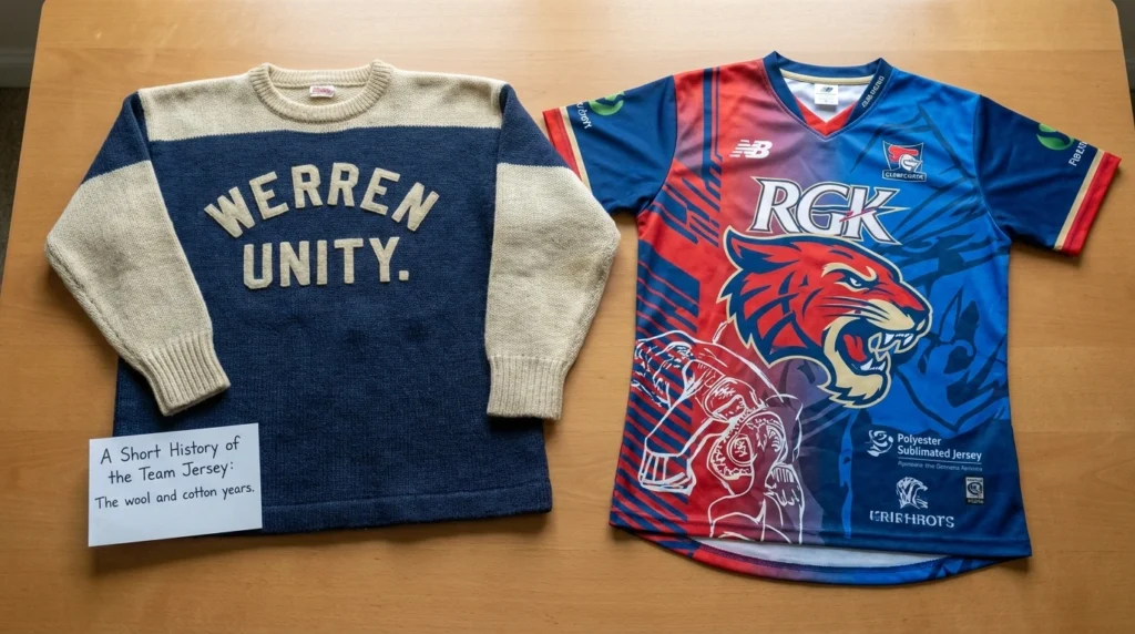 Vintage wool team jersey compared with a modern sublimated polyester jersey