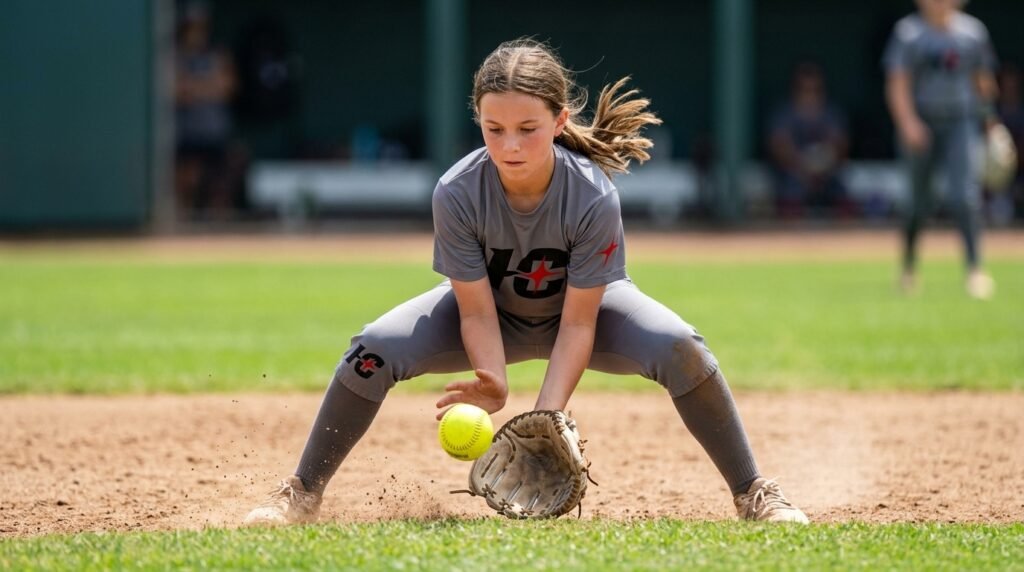 Youth softball infielder fielding a ground ball with the glove down out front