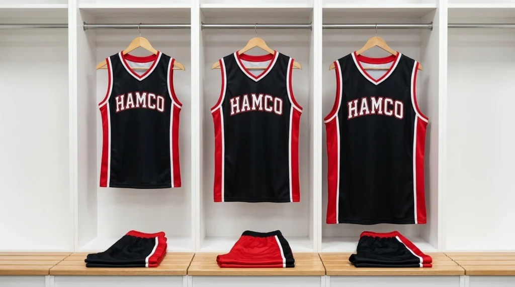 Youth, teen, and adult basketball uniforms hanging in a locker room by size