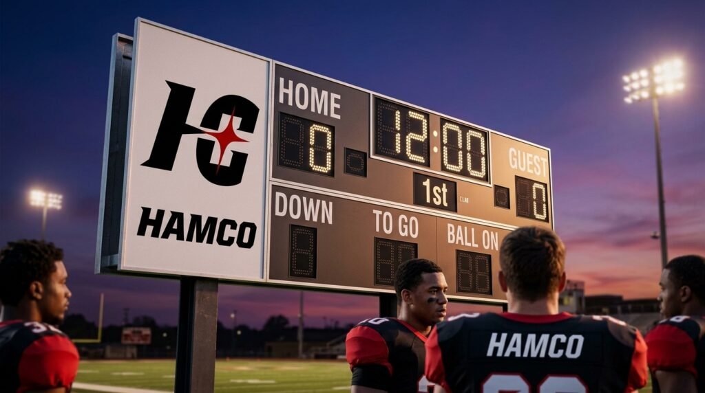 high school football scoreboard showing 12 minute quarter clock