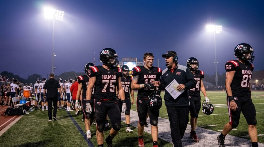 high school football team heading to locker room during halftime break