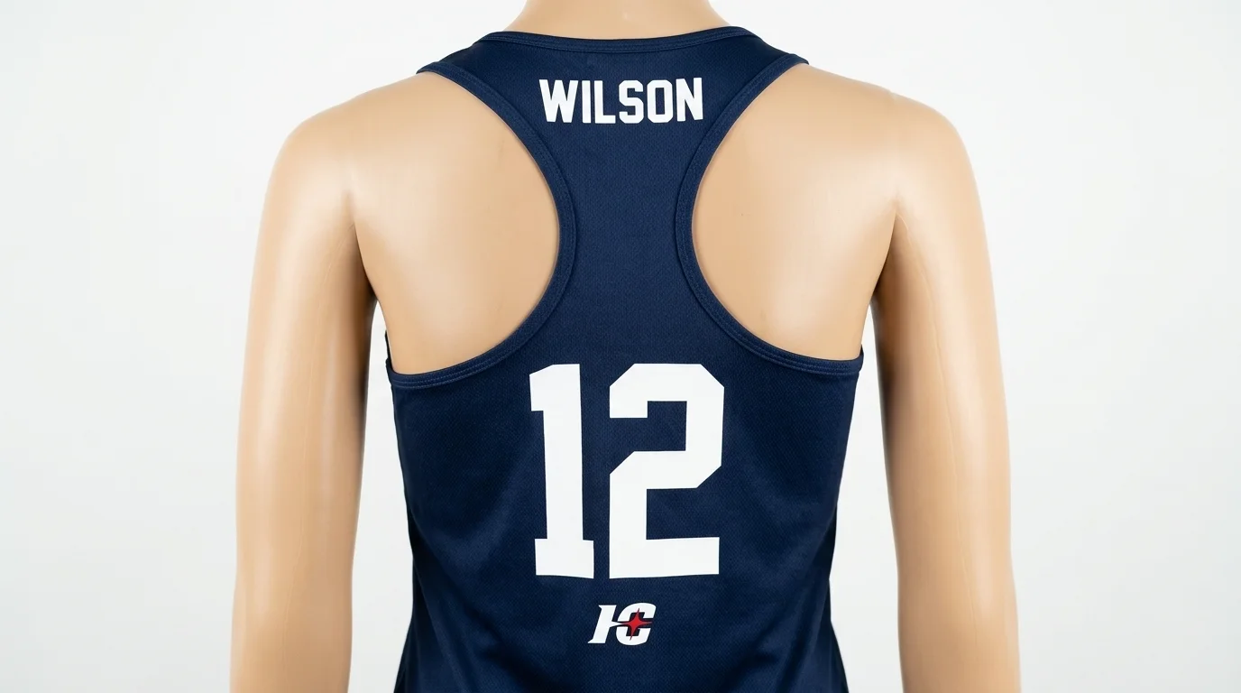 Back of a racerback volleyball jersey showing the number and player name placed below the Y strap
