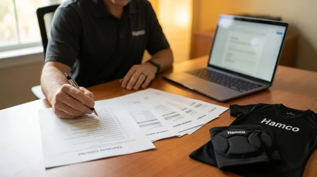 Club director comparing volleyball uniform company quotes and policies before ordering