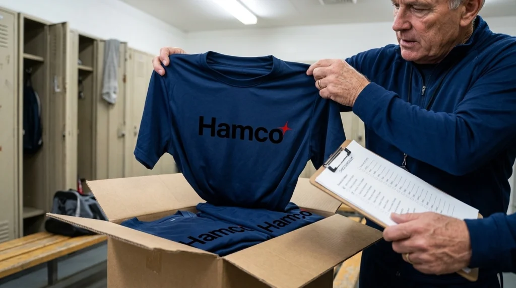 Coach checking a delivered team uniform order against the roster sheet