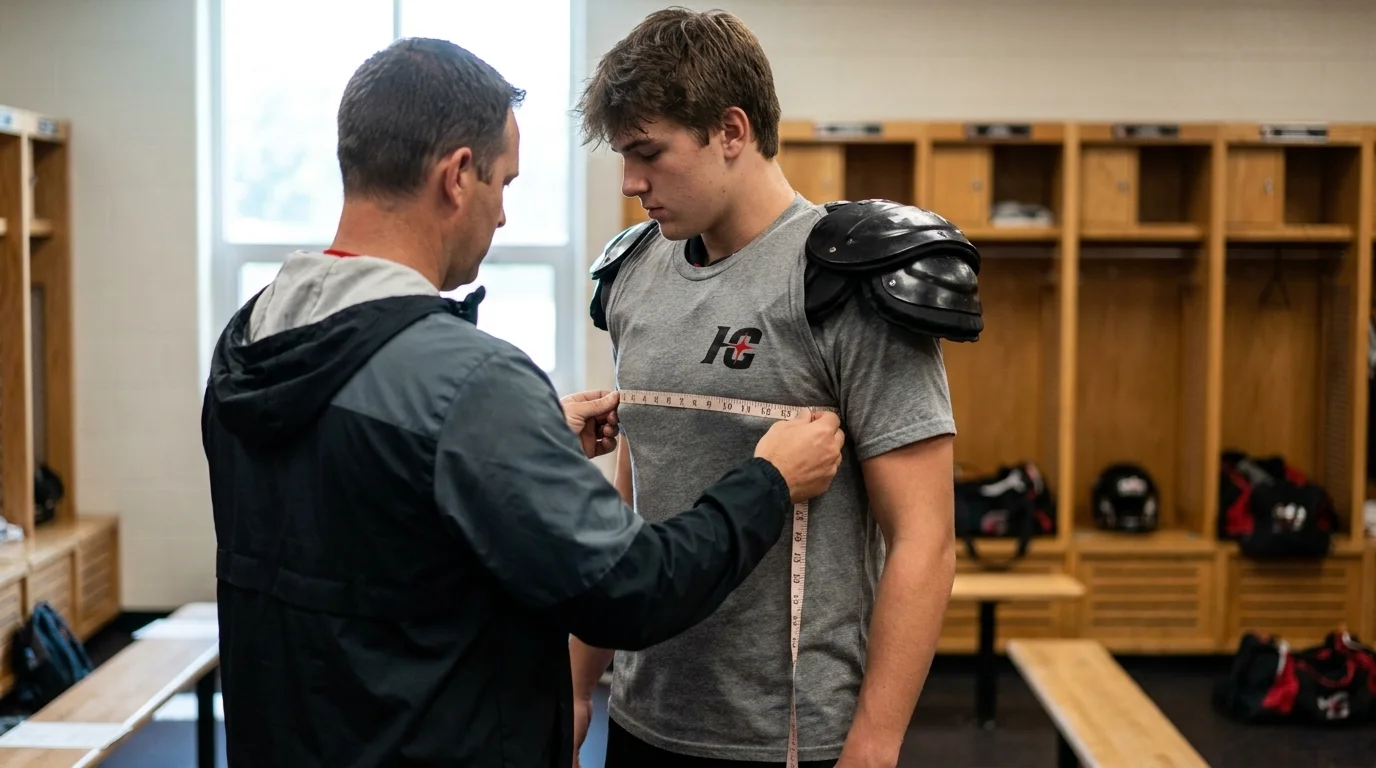 Coach measuring a football player over shoulder pads to get the right custom jersey size