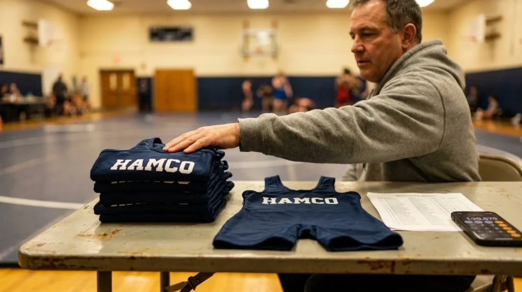 Coach planning a small wrestling singlet order with one replacement singlet set apart