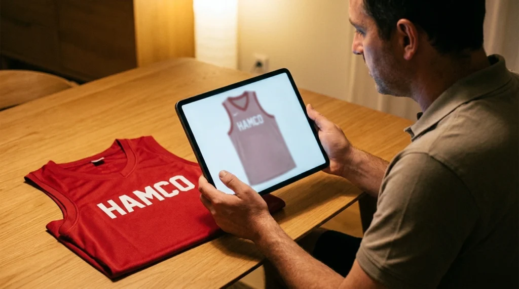 Coach reviewing a free basketball jersey mockup before approving production