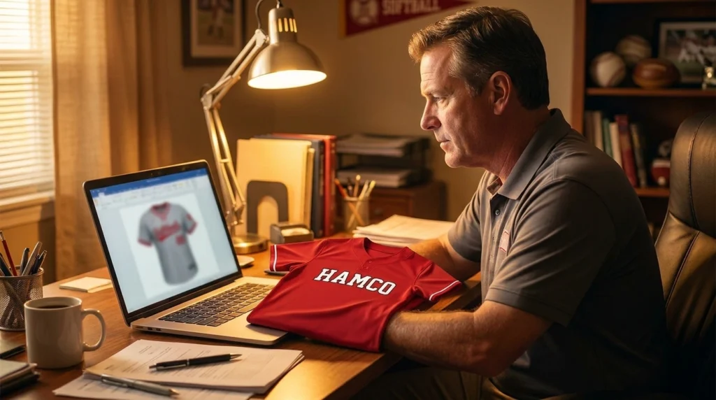 Coach reviewing a free softball uniform mockup from an online jersey builder