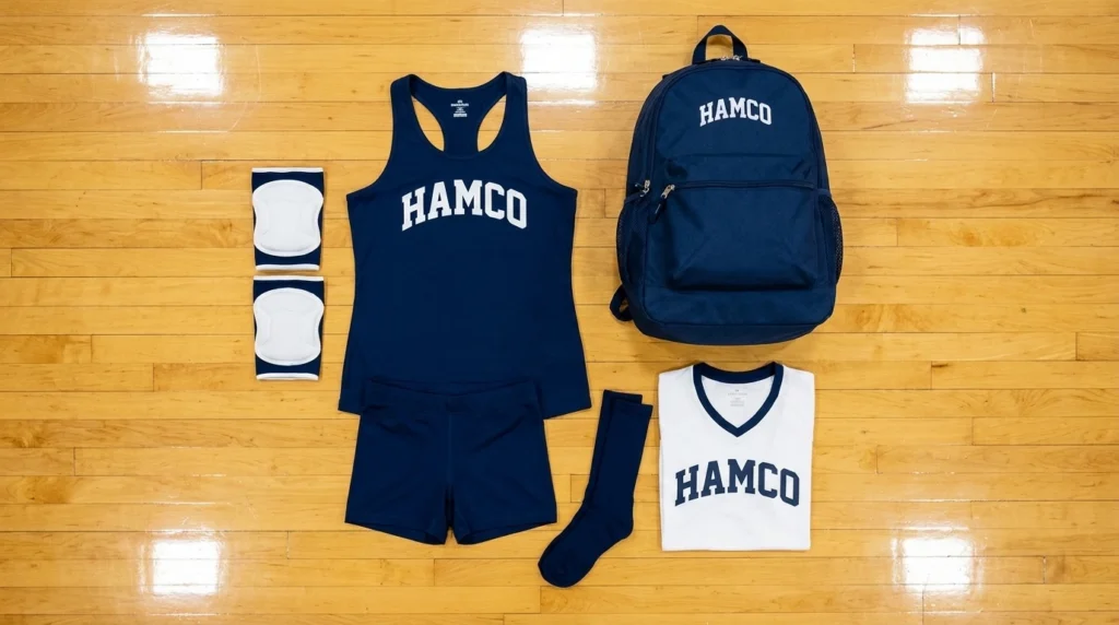 Complete girls volleyball uniform package with libero jersey, spandex shorts, knee pads, and backpack