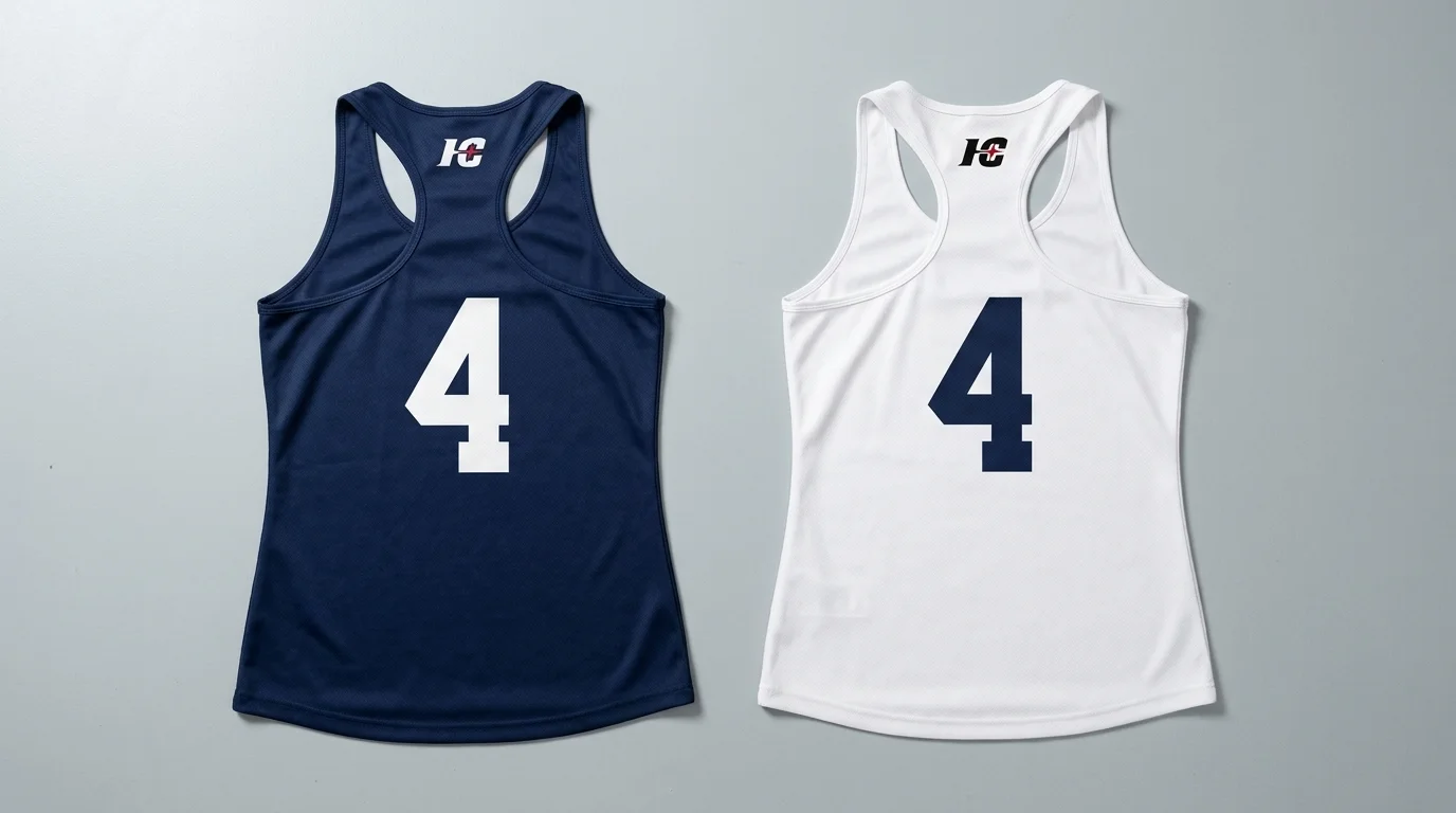 Custom volleyball jersey design mockup showing a navy racerback jersey beside its white libero twin with contrasting numbers