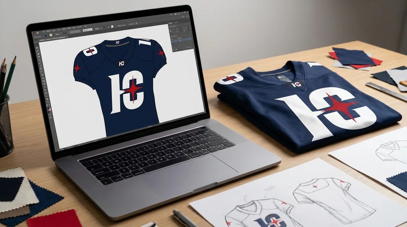 Designer reviewing a custom football jersey mockup on screen beside a finished navy jersey with a white 10 inch number
