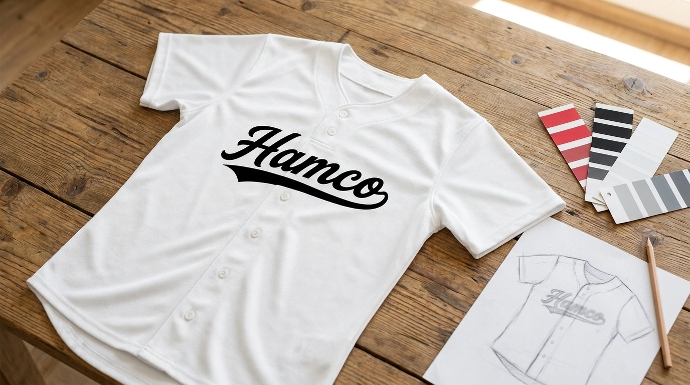 Designing a custom softball uniform with color swatches and a jersey sketch