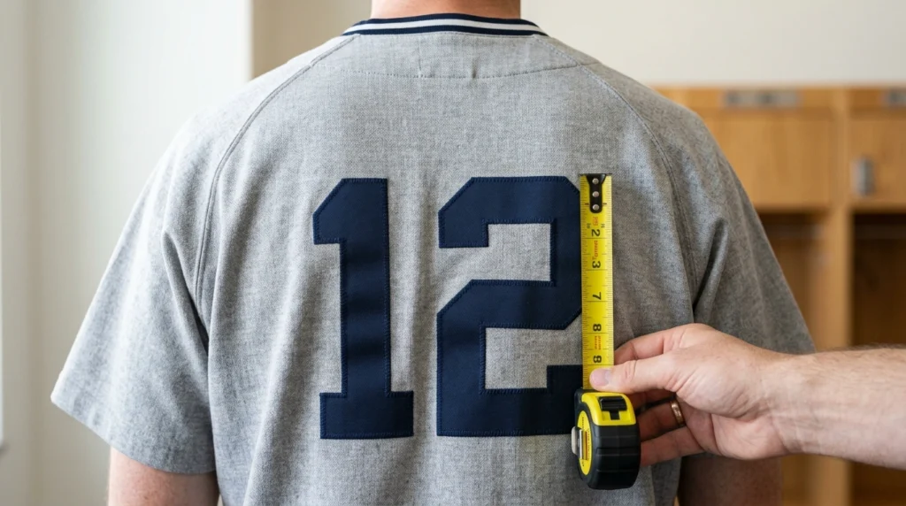 Eight inch solid contrasting back number on a travel baseball jersey measured to the NFHS rule