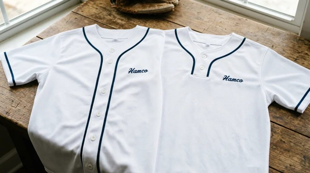 Full button and two button baseball jersey plackets compared as design canvases