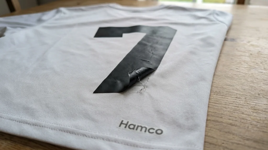 Heat transfer number peeling from a cheap blank soccer jersey