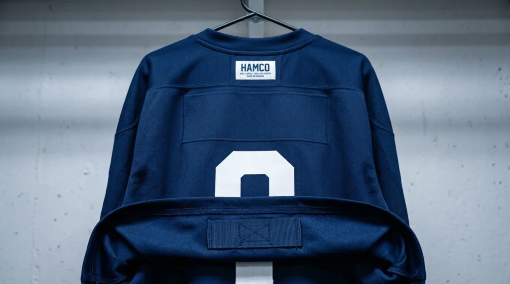 Hockey jersey back layout with number placement and sewn in fight strap