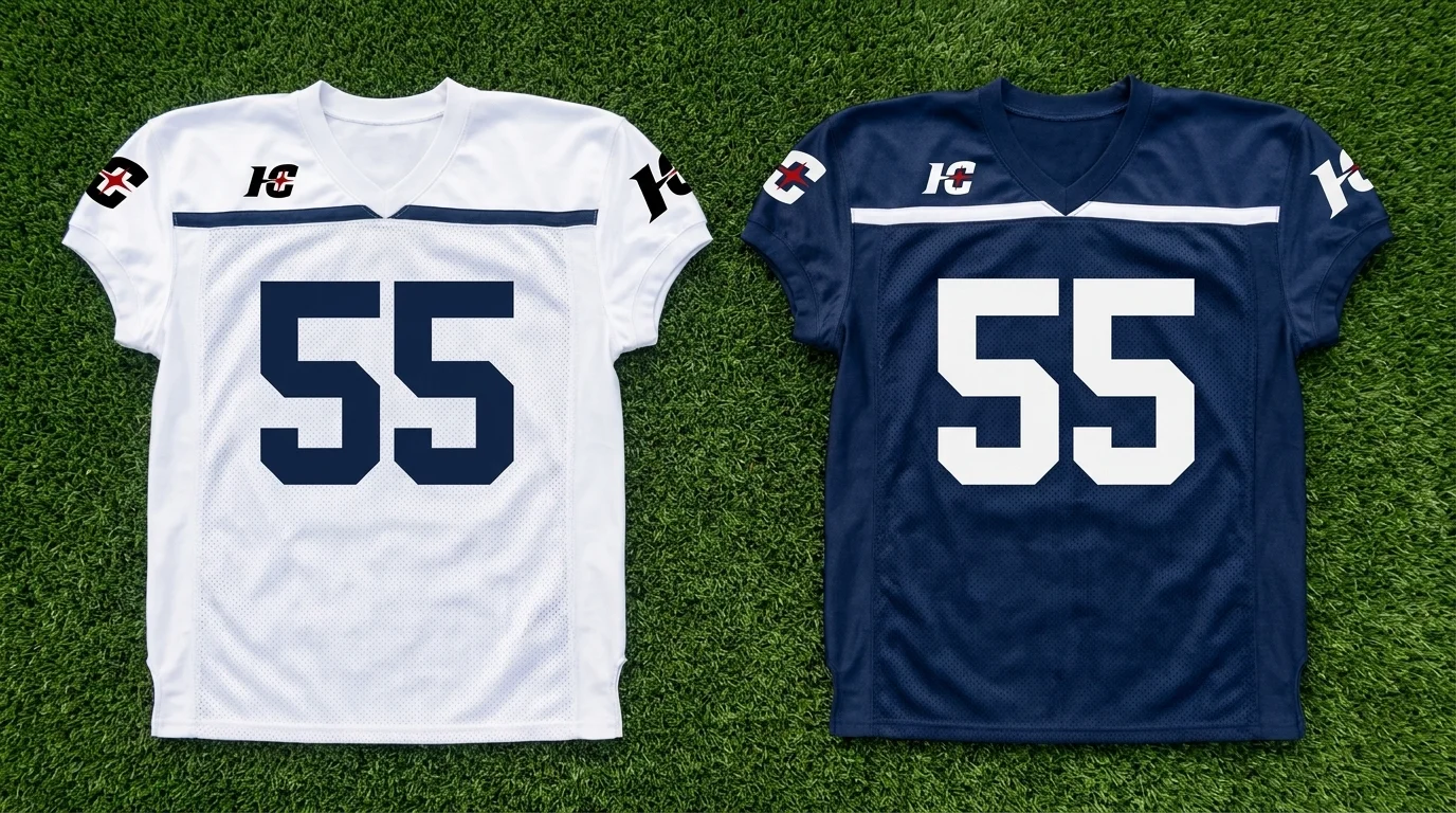 Home and away football jerseys side by side showing the NFHS white body and dark body rule with contrasting numbers