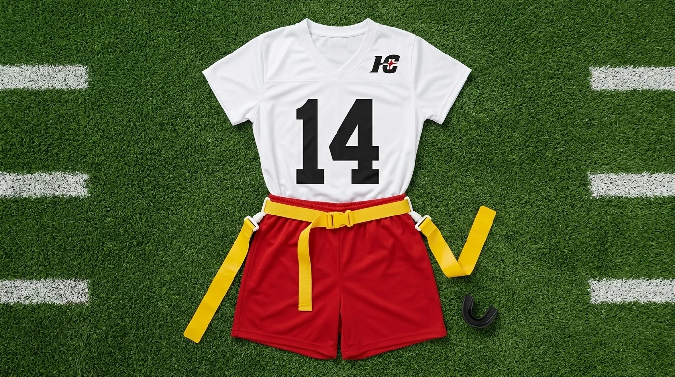 Legal girls flag football uniform laid flat pocketless red shorts, three flag belt, numbered jersey, and mouthguard