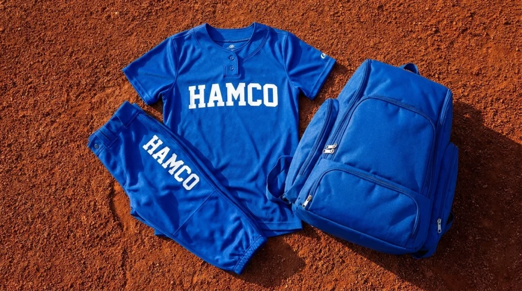 Matching softball jersey, pants, and bag from one dye batch in the same team color