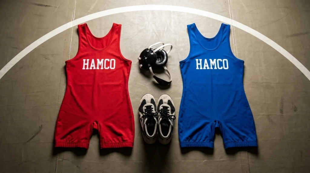 Red and blue freestyle wrestling singlets showing the international two color tradition