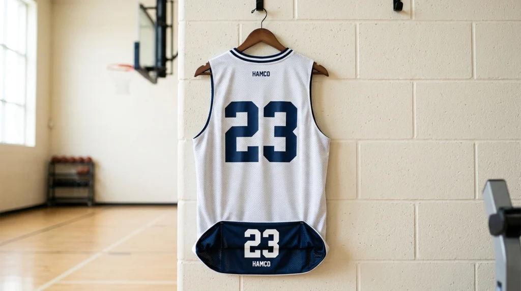 Reversible basketball jersey with contrasting numbers on both sides for league rules
