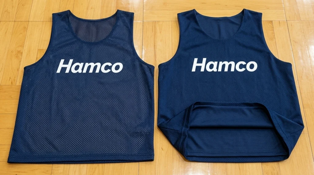 Single layer mesh pinnie compared with a double ply reversible basketball jersey