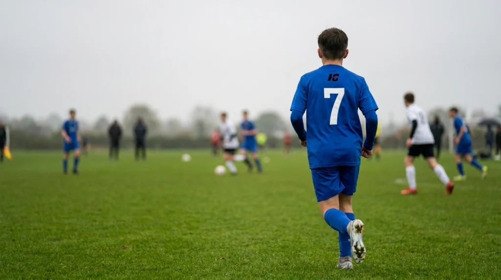 Soccer player seen from the far touchline with a large white block number readable on a royal blue jersey