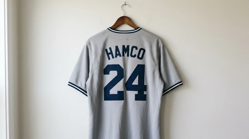 Solid contrasting back number on a baseball jersey meeting the NFHS 8 inch rule