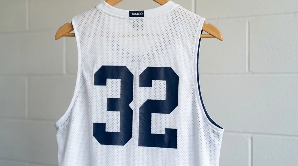 Solid contrasting number on a white basketball jersey meeting NFHS size rules