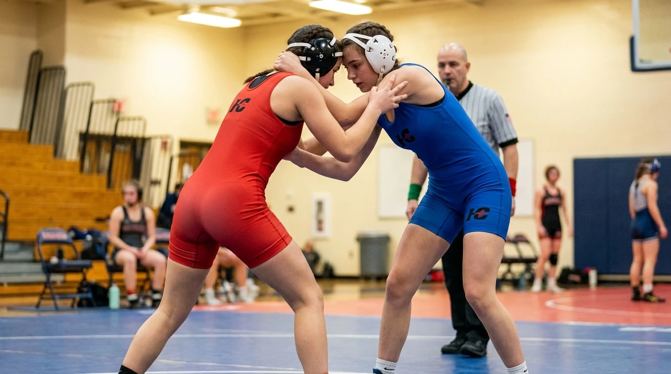 Two high school girls in red and blue womens cut singlets wrestling at a tournament