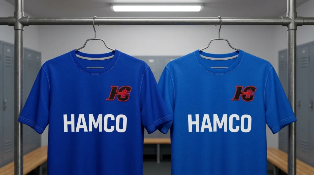 Two soccer jerseys in mismatched shades of royal blue from separate batches