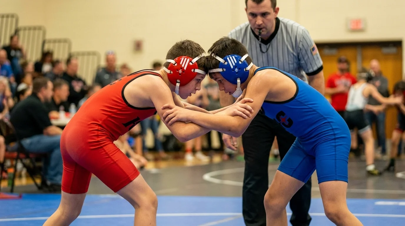 Two youth wrestlers in red and blue high cut singlets competing at a USA Wrestling freestyle event