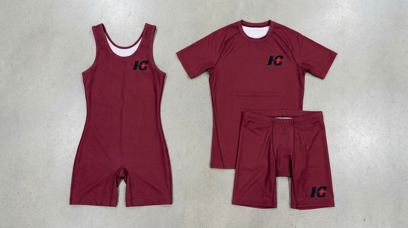 Womens wrestling singlet next to a matching two piece compression shirt and shorts set in the same team colors